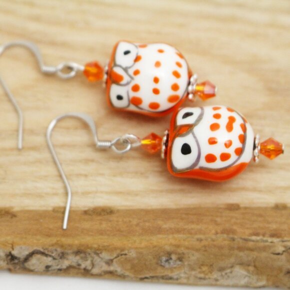Orange Hand Painted Beaded Owl Earrings - Handmade & Hypoallergenic - Picture 2 of 7